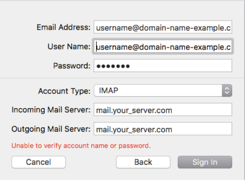 Mail Settings for Login and Account Type